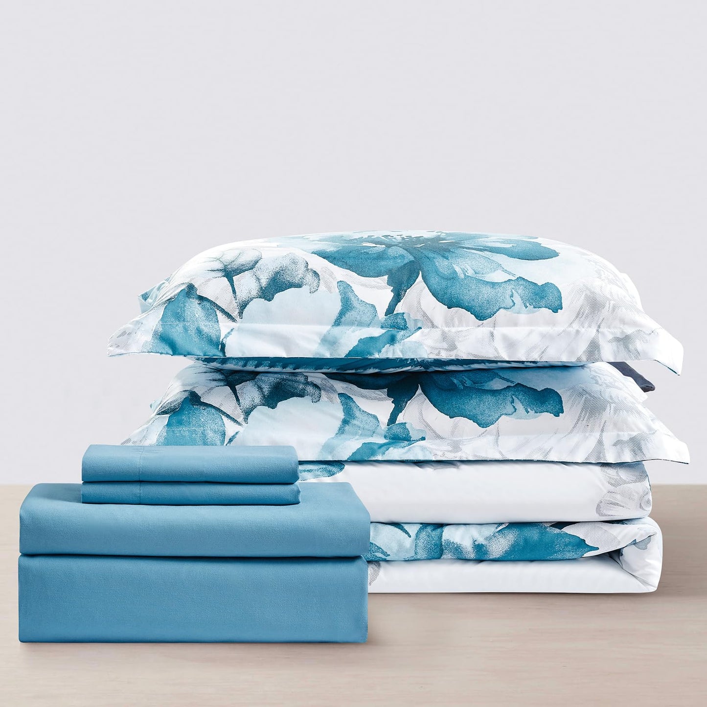 7 Pieces Queen, with Light Weight Soft Poly Fill, Printed Teal Grey Big Florals