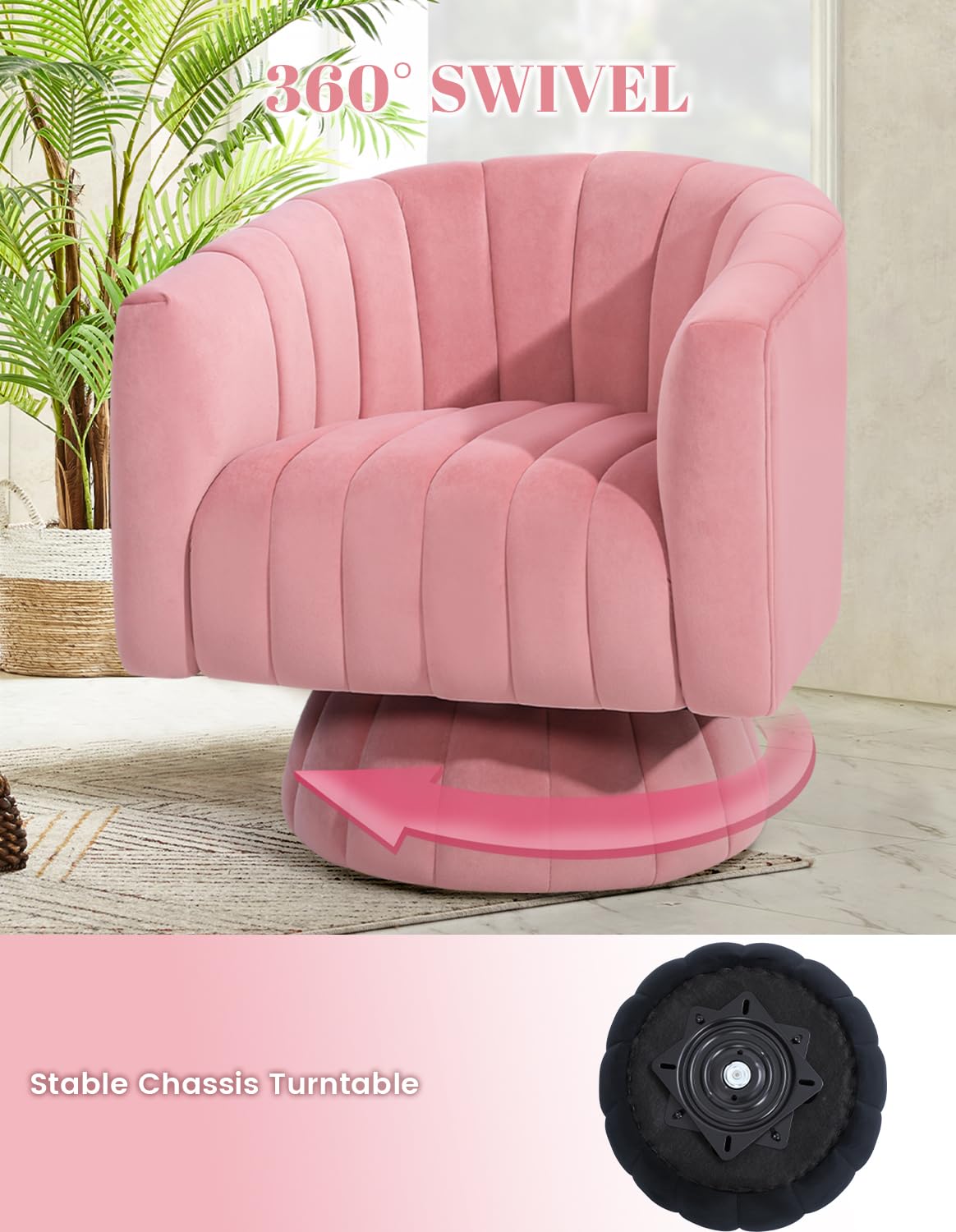 Swivel Barrel Chair with Armrest, Overstuffed Tufted Velvet, Pink