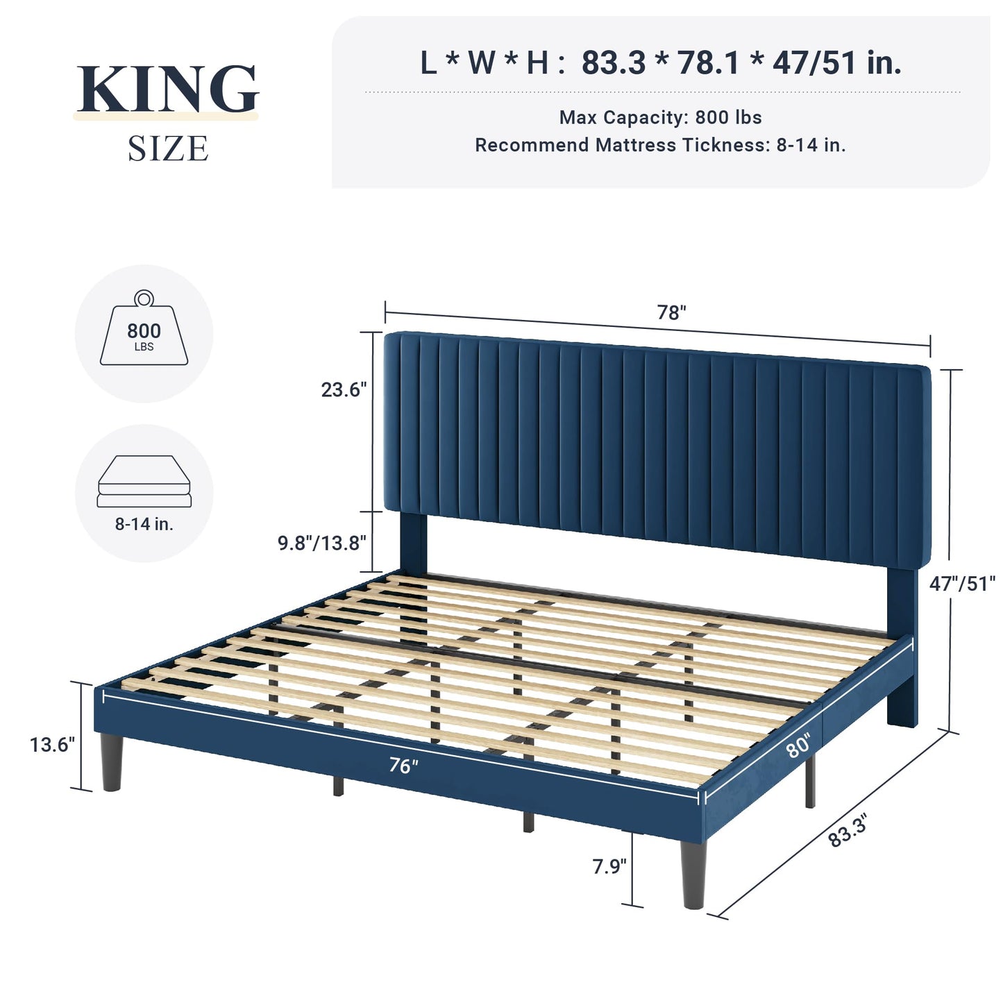 Velvet Upholstered Platform Bed with Adjustable Vertical Channel