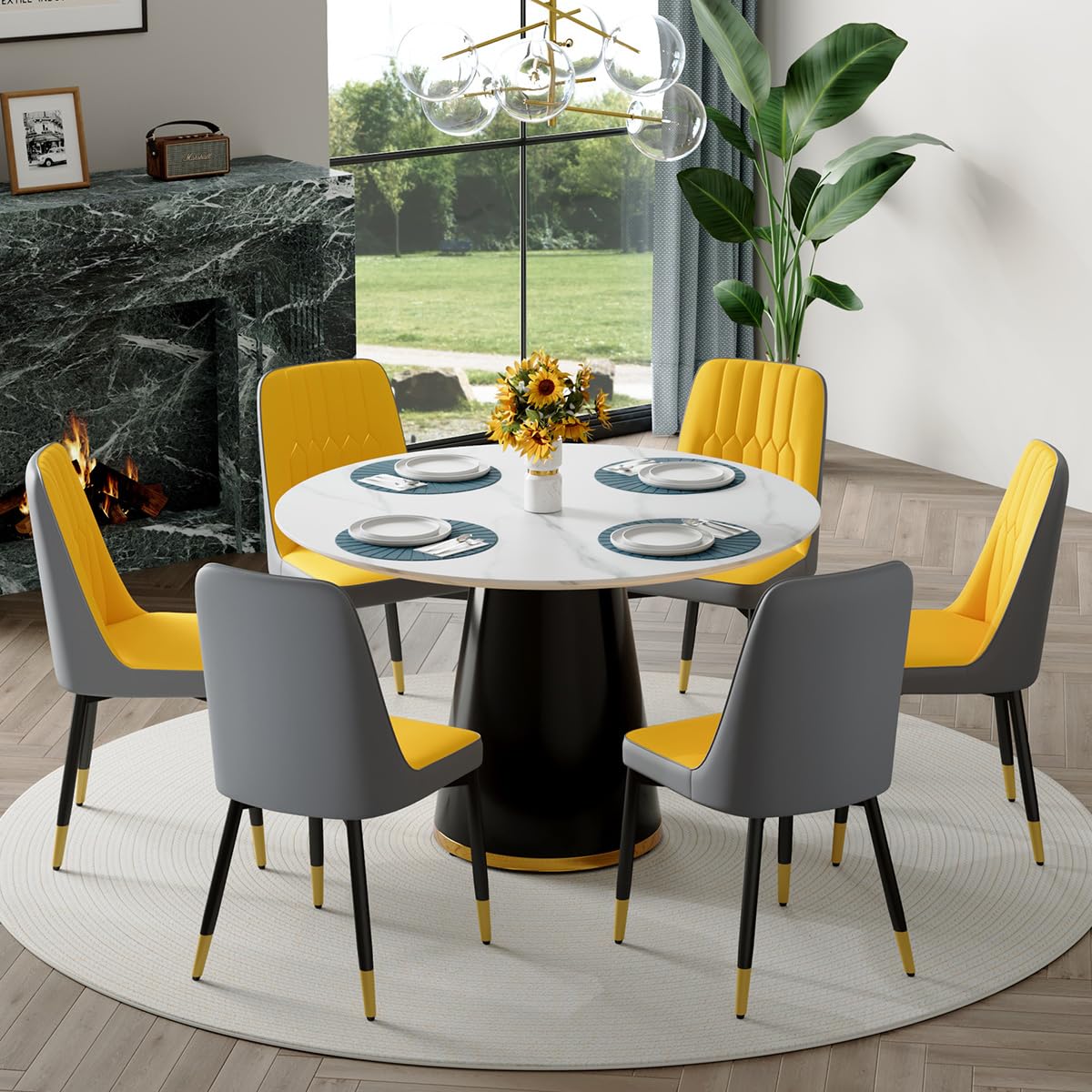 Round Dining Table Set for 6, 45''Round Wooden Dining Set