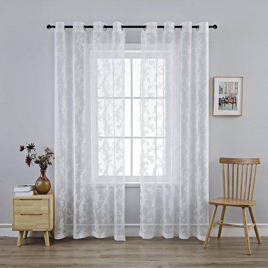 White Lace Sheer Curtain Panels for Living Room Set