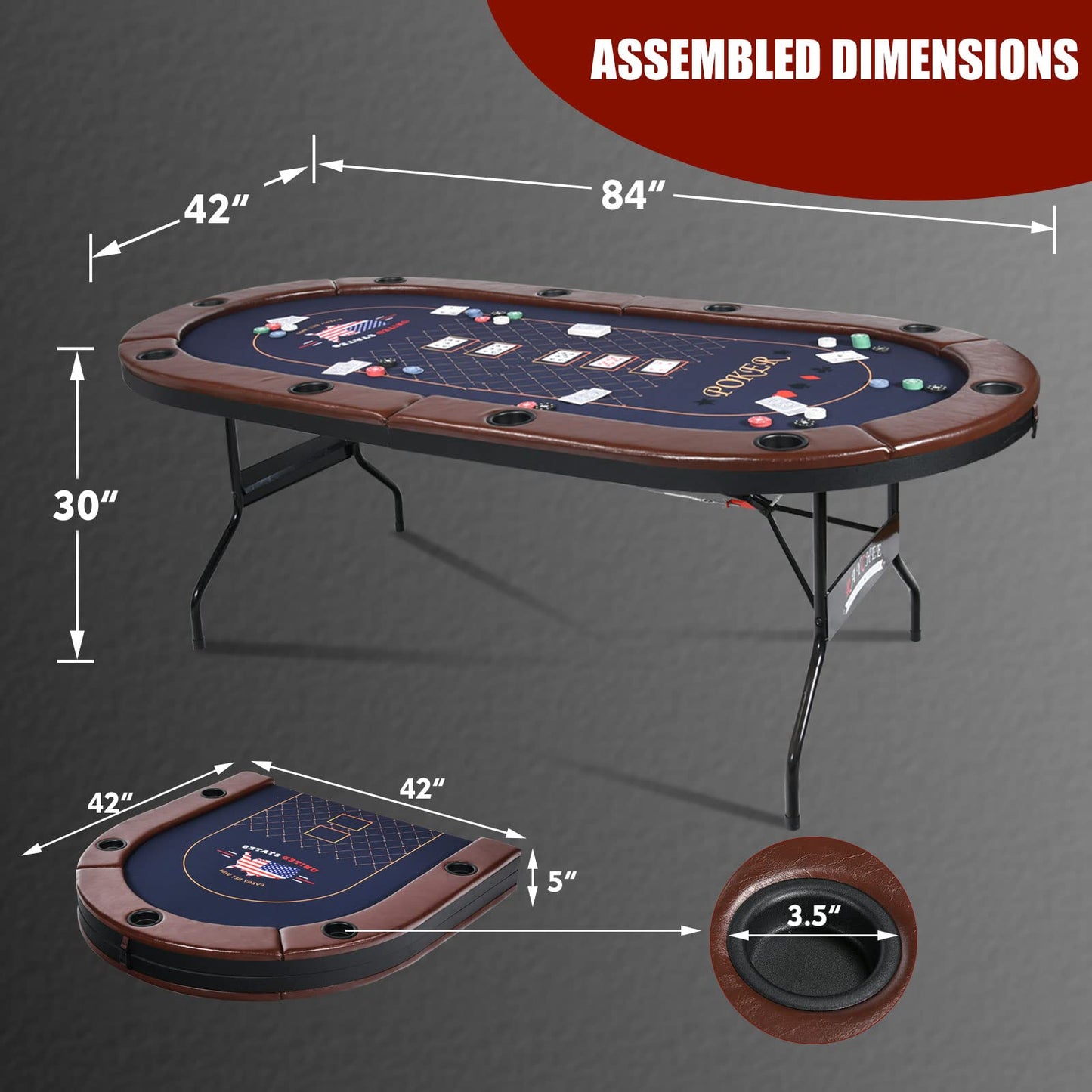 10 Player Poker Table Foldable, 86" Folding Texas Holdem Poker Table