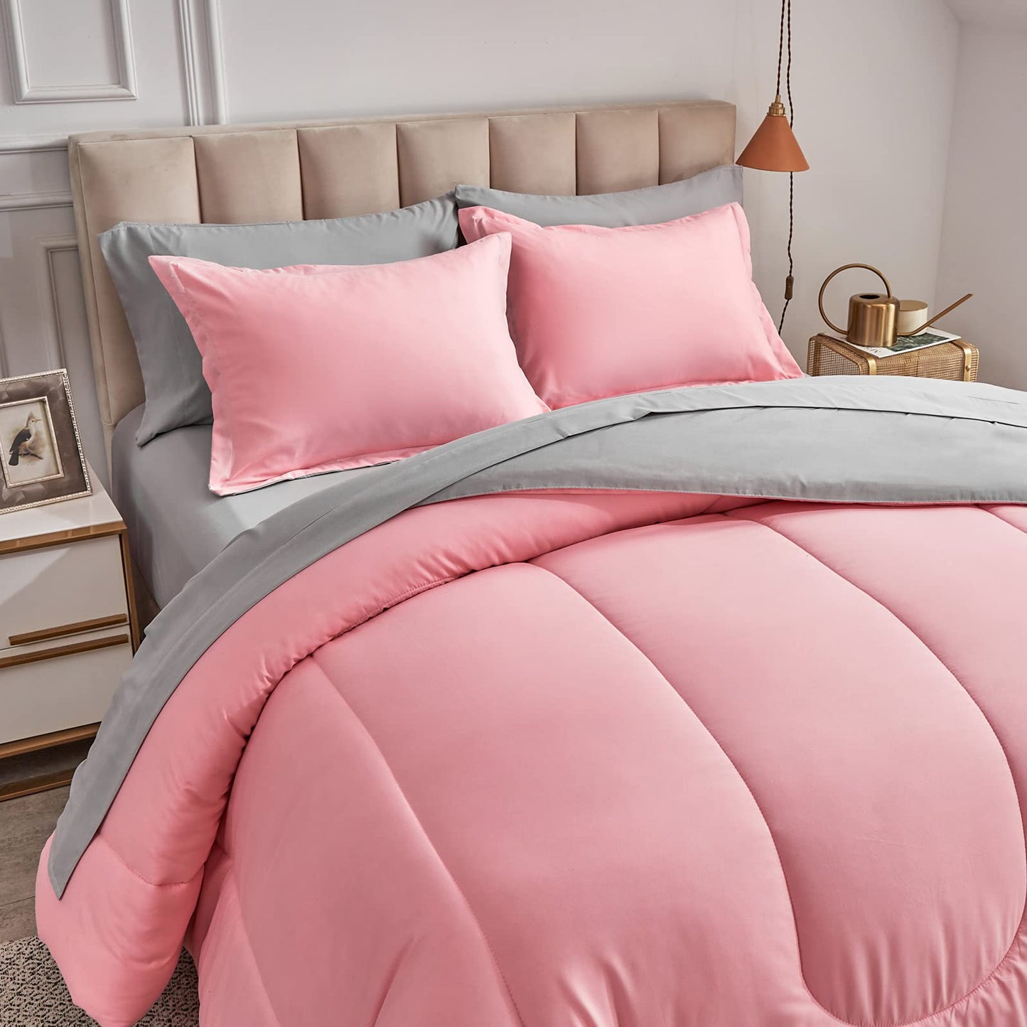 Twin Pink Comforter Set Bed in a Bag with Gray Sheet Set Reversible Soft