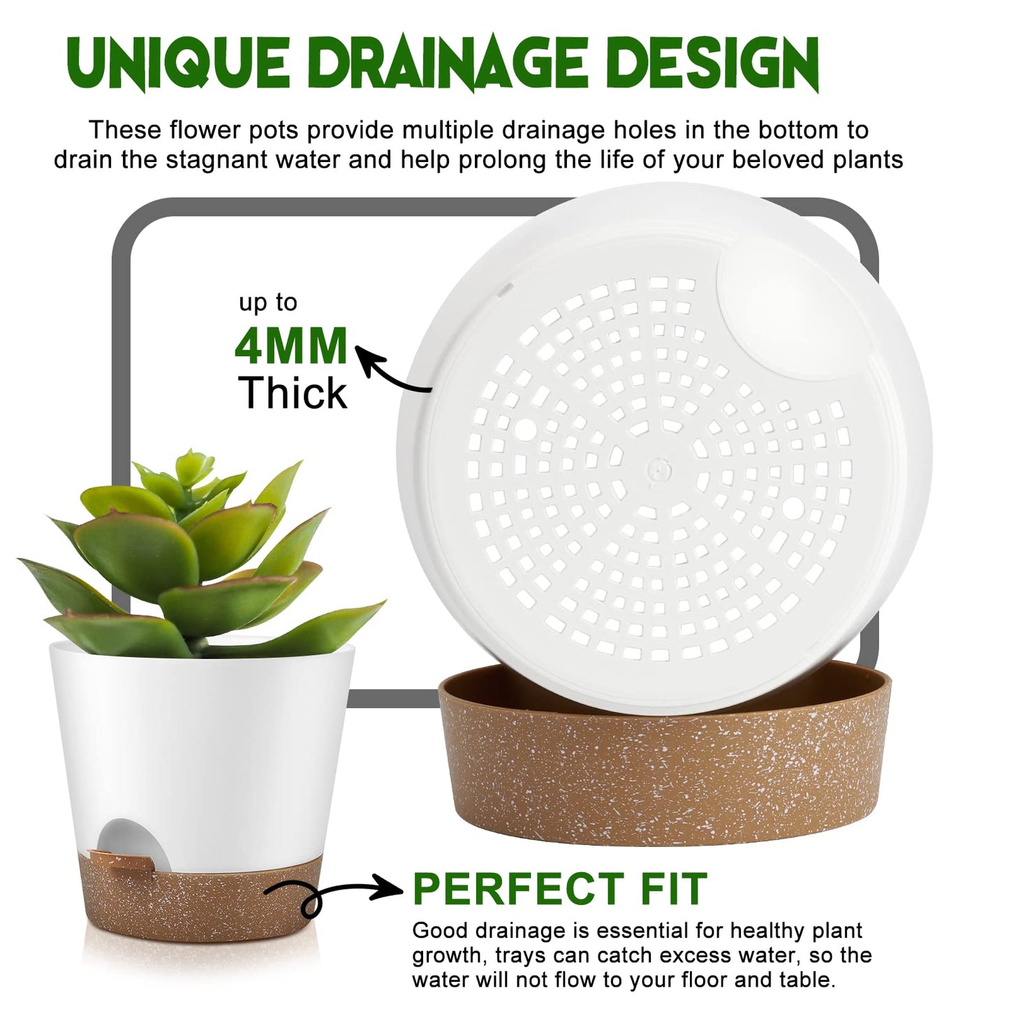 Indoor Self Watering Planters with Drainage Holes and Saucers, Black, 6 Pots