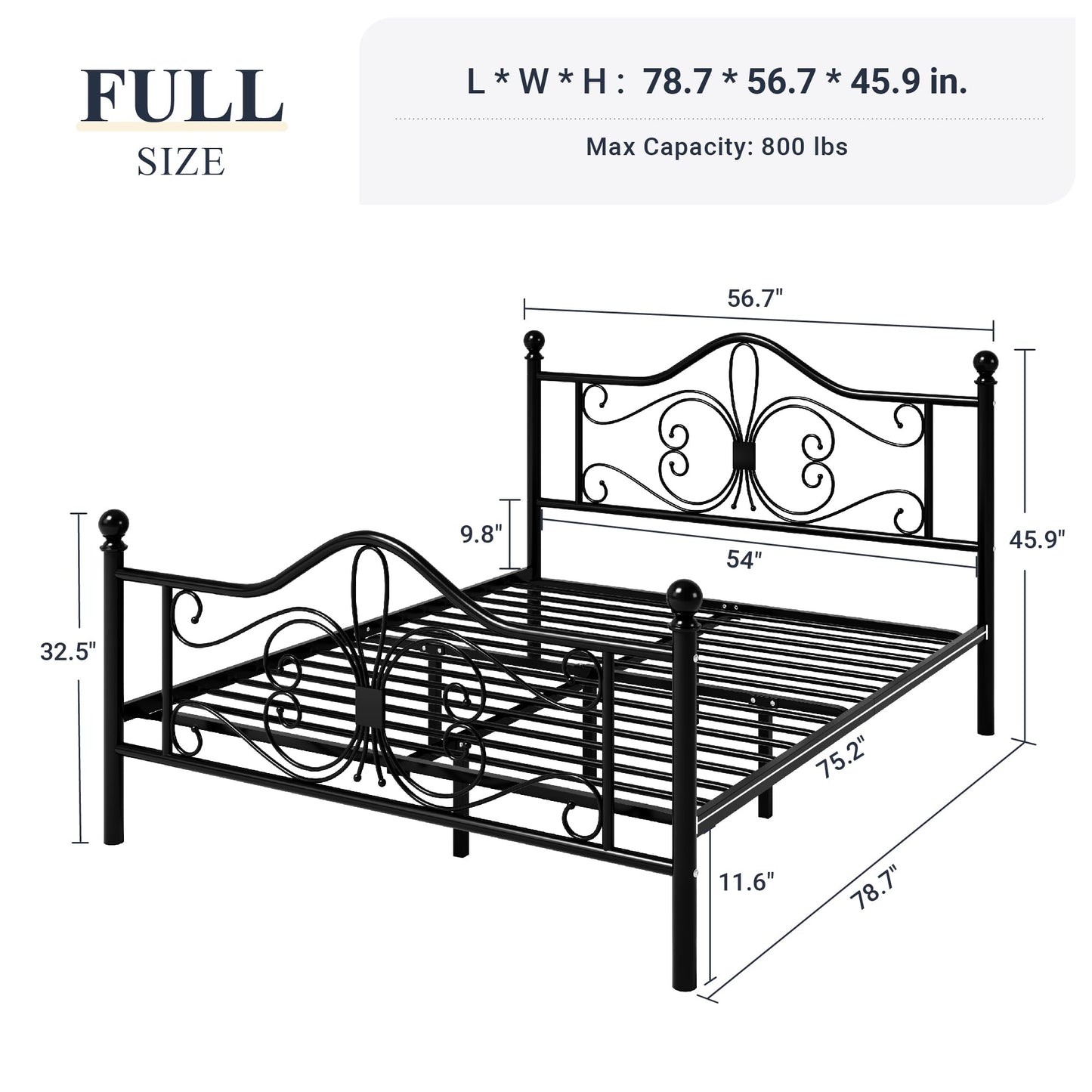 Full Size Bed Frame with Headboard, Metal Bed Frame