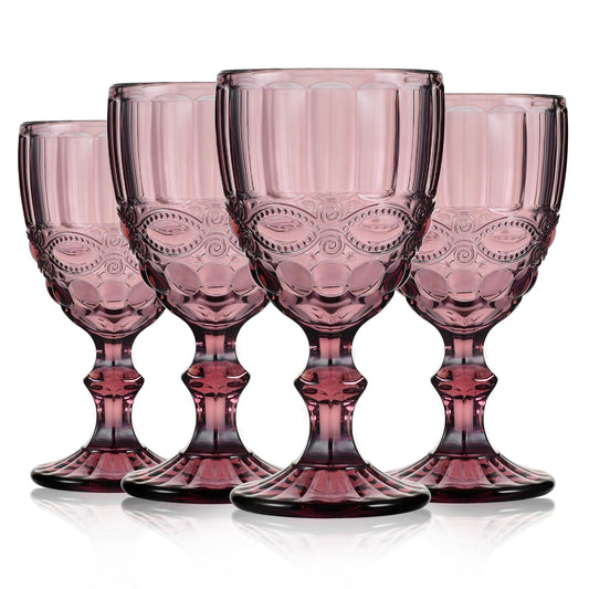 Vintage Glass Goblets 10.8 Oz, Embossed Stemmed Wine Glasses Set of 4