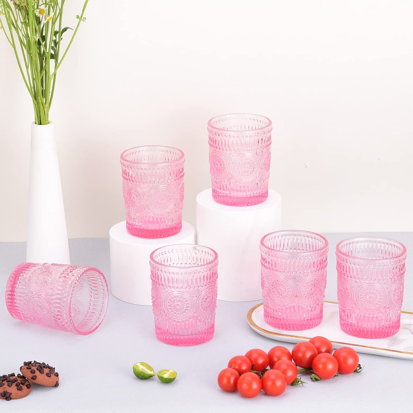 4 Pack Glasses-10.5 OZ Pink Vintage Drinking Glasses Tumblers