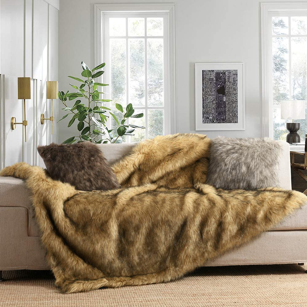 Luxury Plush Faux Fur Blanket King Size, Long Pile Brown with Black