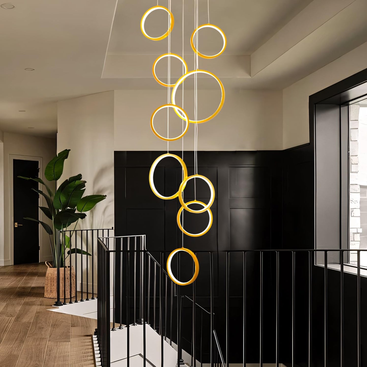 Gold Staircase Hanging 12 Ring Long Led Chandelier Dimmable with Remote Controller