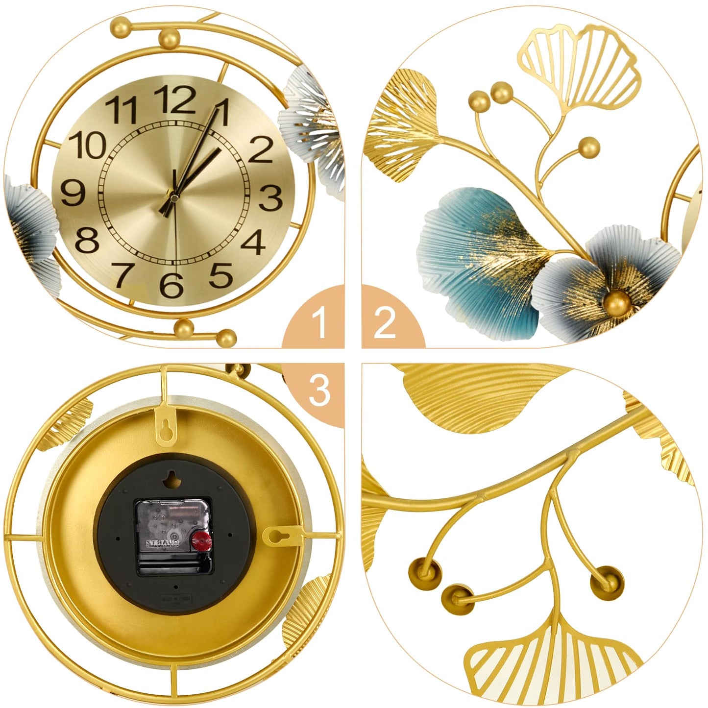 37 Inch Creative Metal Ginkgo Leaf Design Silent Non Ticking Gold Decoration Clocks