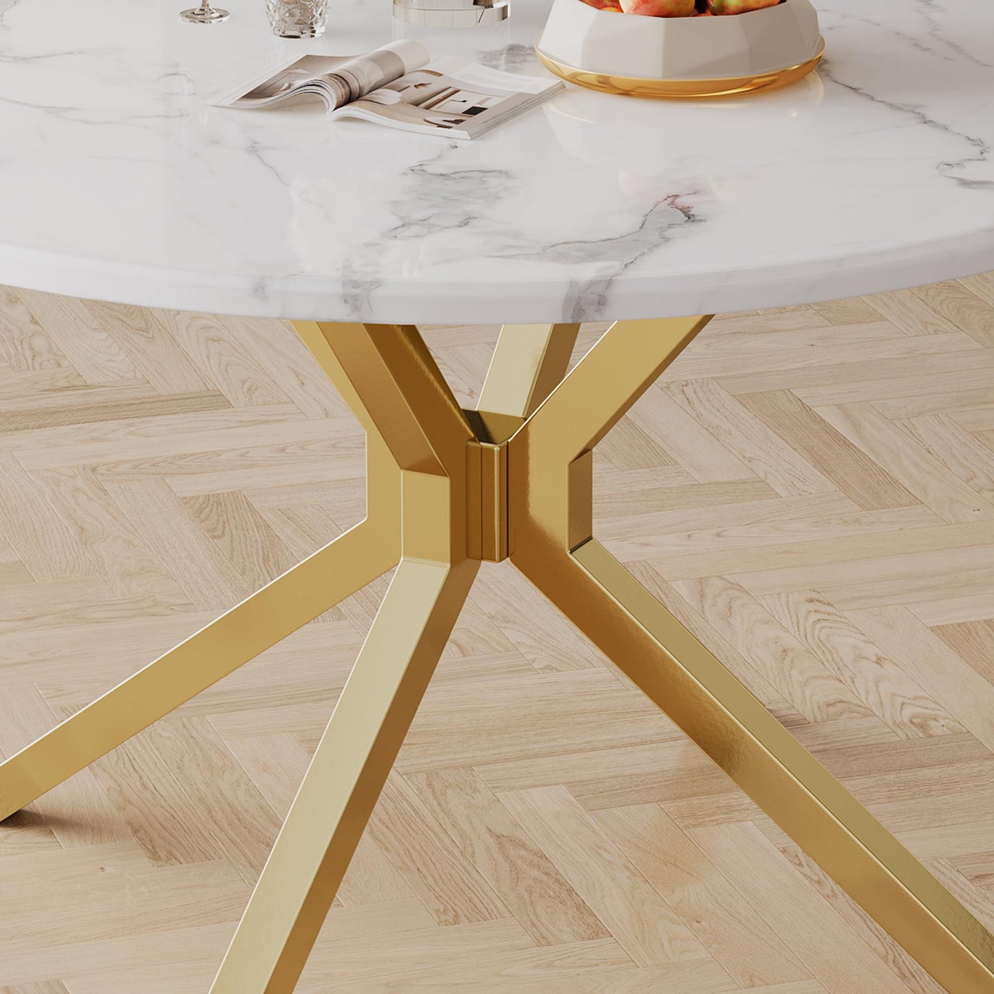 70 Inch White Marble Kitchen Table with Gold Mirrored Cabriole Legs