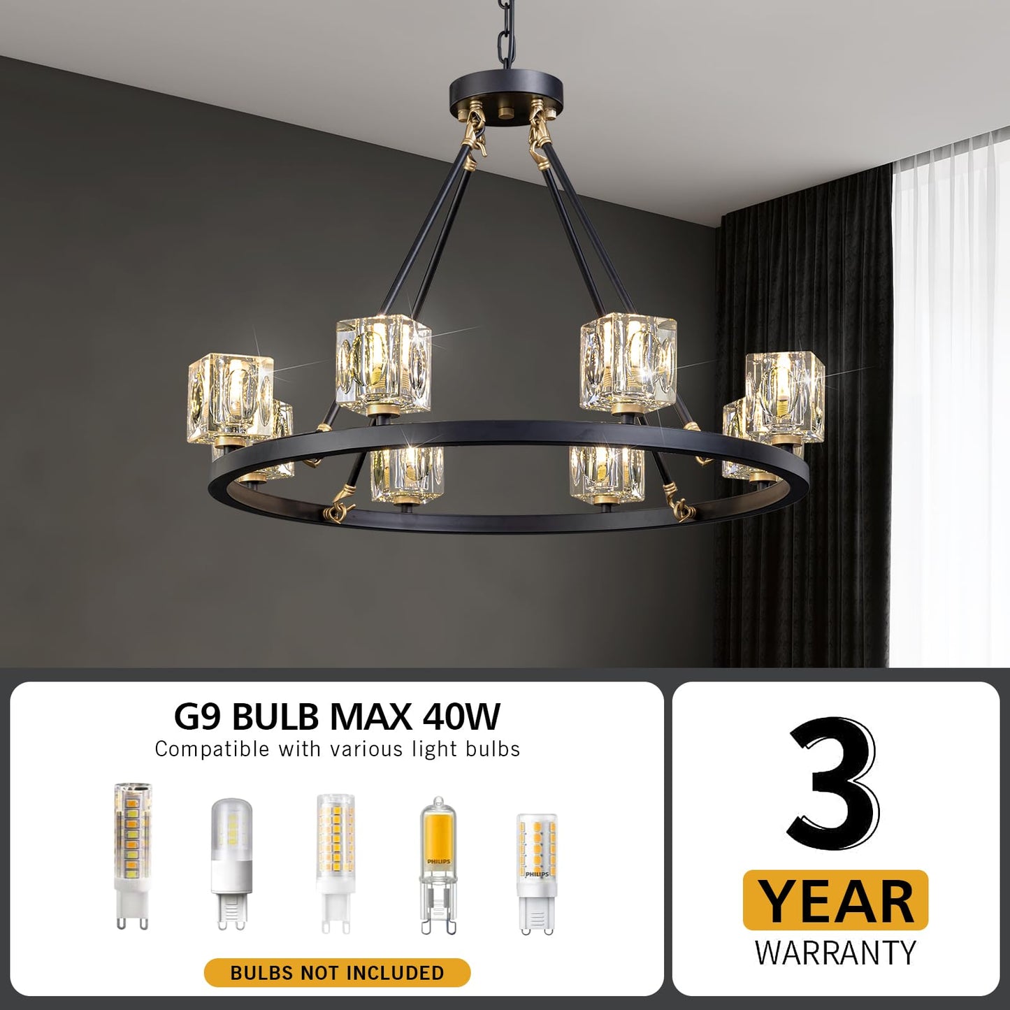 13-Lights Modern Crystal Living Room Light Fixture, Black and Gold