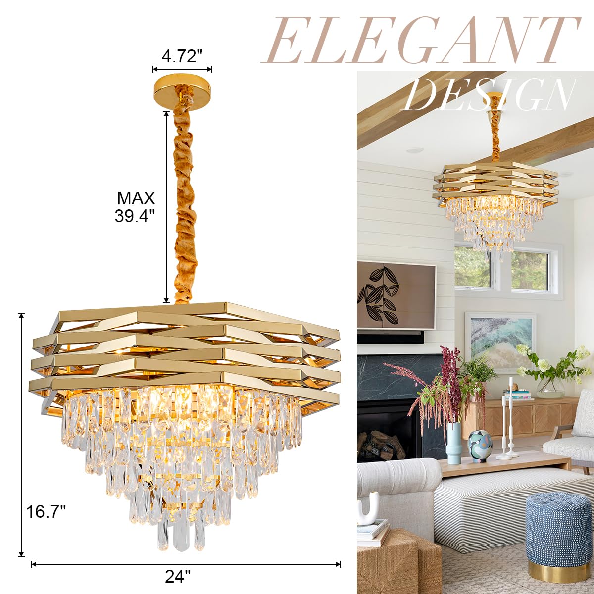 24" Crystal Chandelier Modern Gold 9-Light 5-Tier Luxury