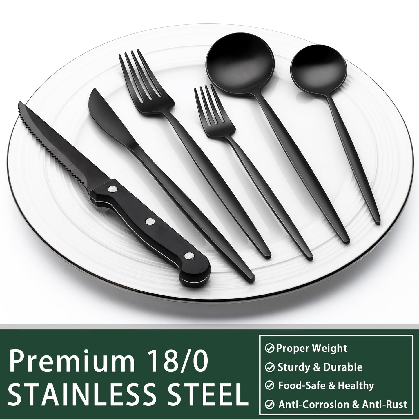 24-Piece Black Silverware Set with Steak Knives, Black Flatware Set for 4