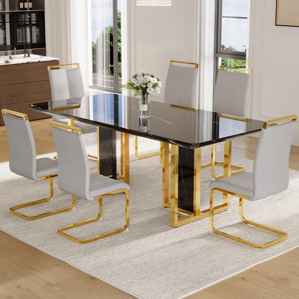 79" Black Modern Dining Table Set for 8,Black Golden Chairs