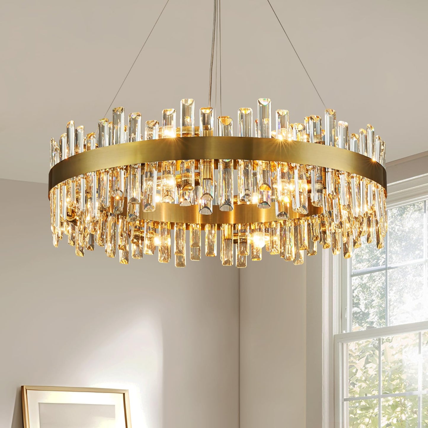 12 Lights Brass Gold Raindrop Crystal Chandelier Lighting, Adjustable Hanging Pendant