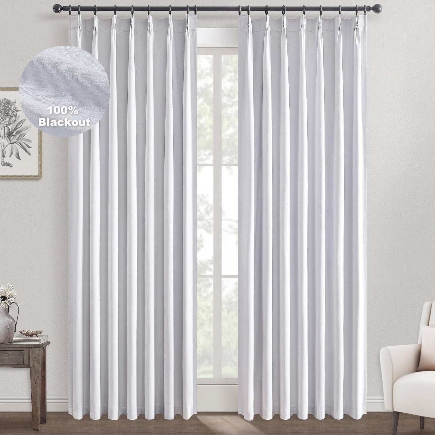 Pinch Pleated Curtains 96 Inch Long, 100% Blackout Thermal Insulated