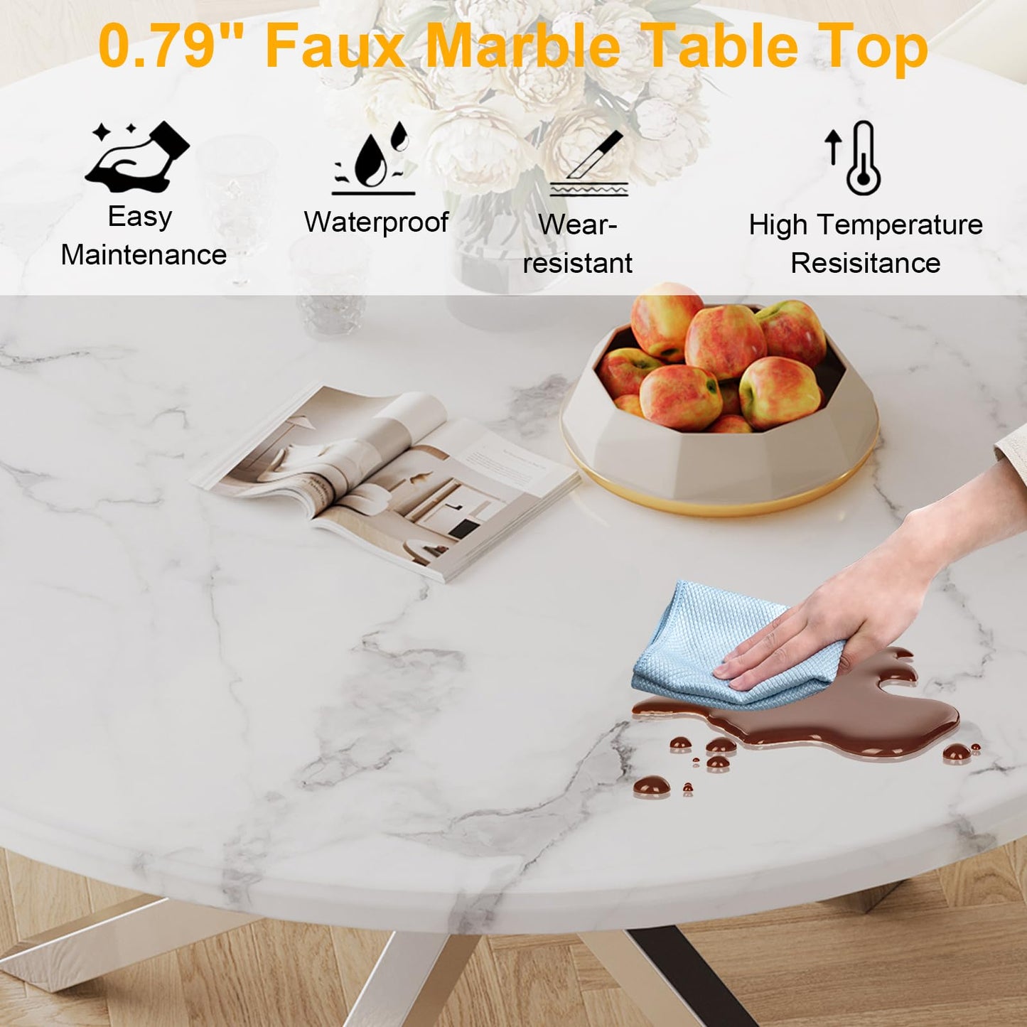 70 Inch White Marble Kitchen Table with Gold Mirrored Cabriole Legs