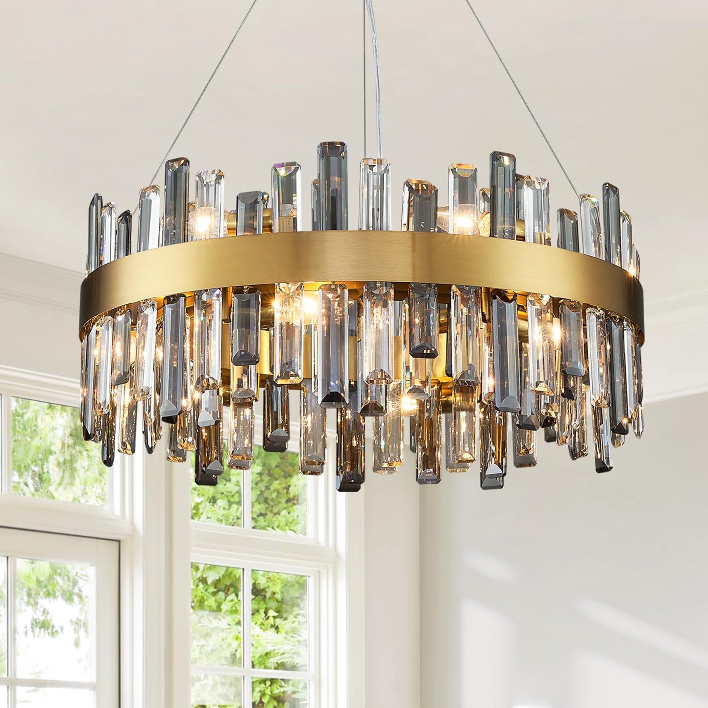 12 Lights Brass Gold Raindrop Crystal Chandelier Lighting, Adjustable Hanging Pendant