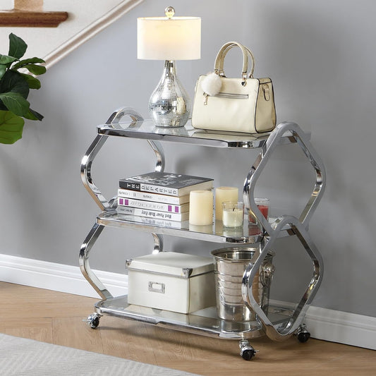 Silver Bar Cart with Wheels Glass Bar Cart for Home Metal Console Table with Storage