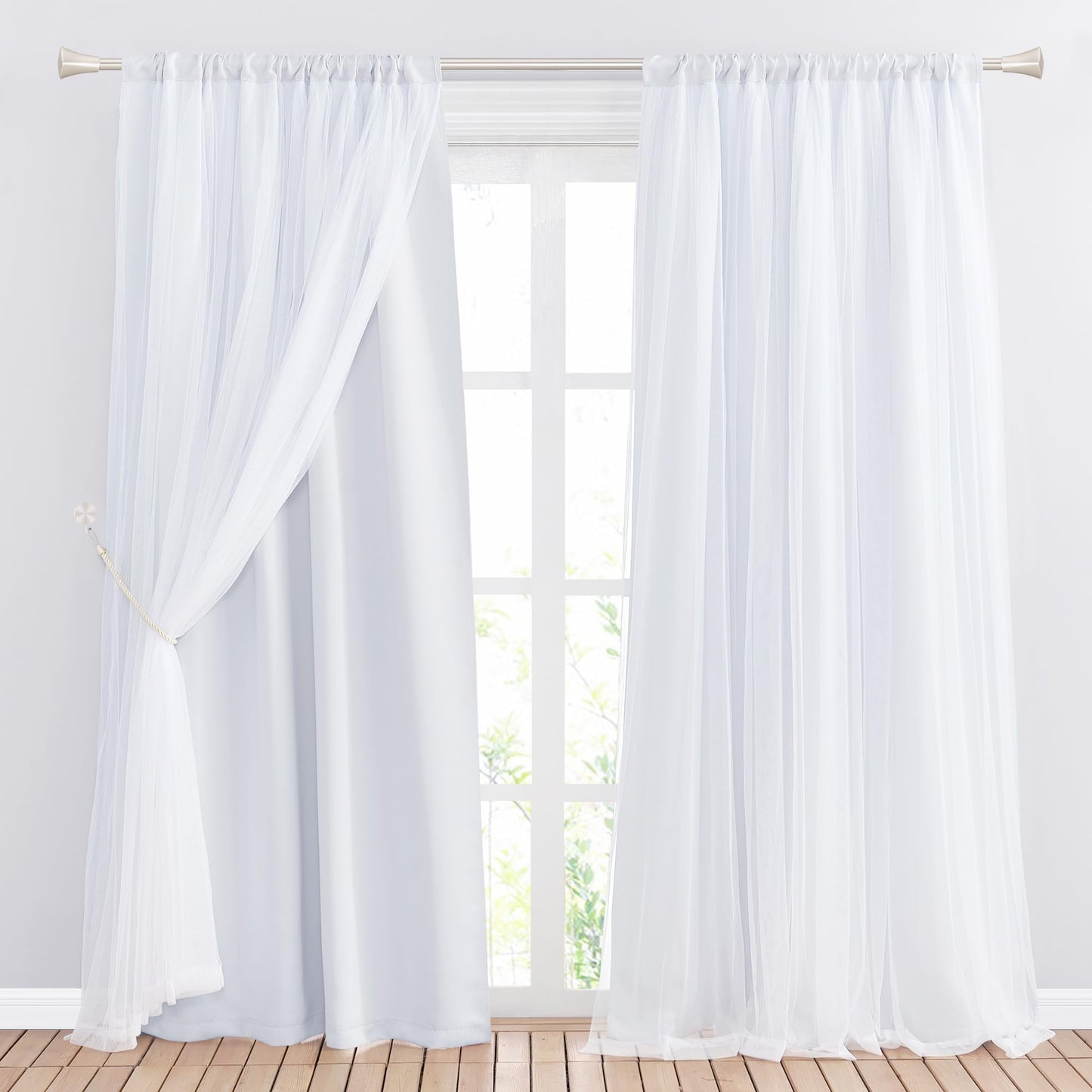 Double-Layered Curtains with Tie-Backs Sheer Drapes Light Blocking, 2 Pcs