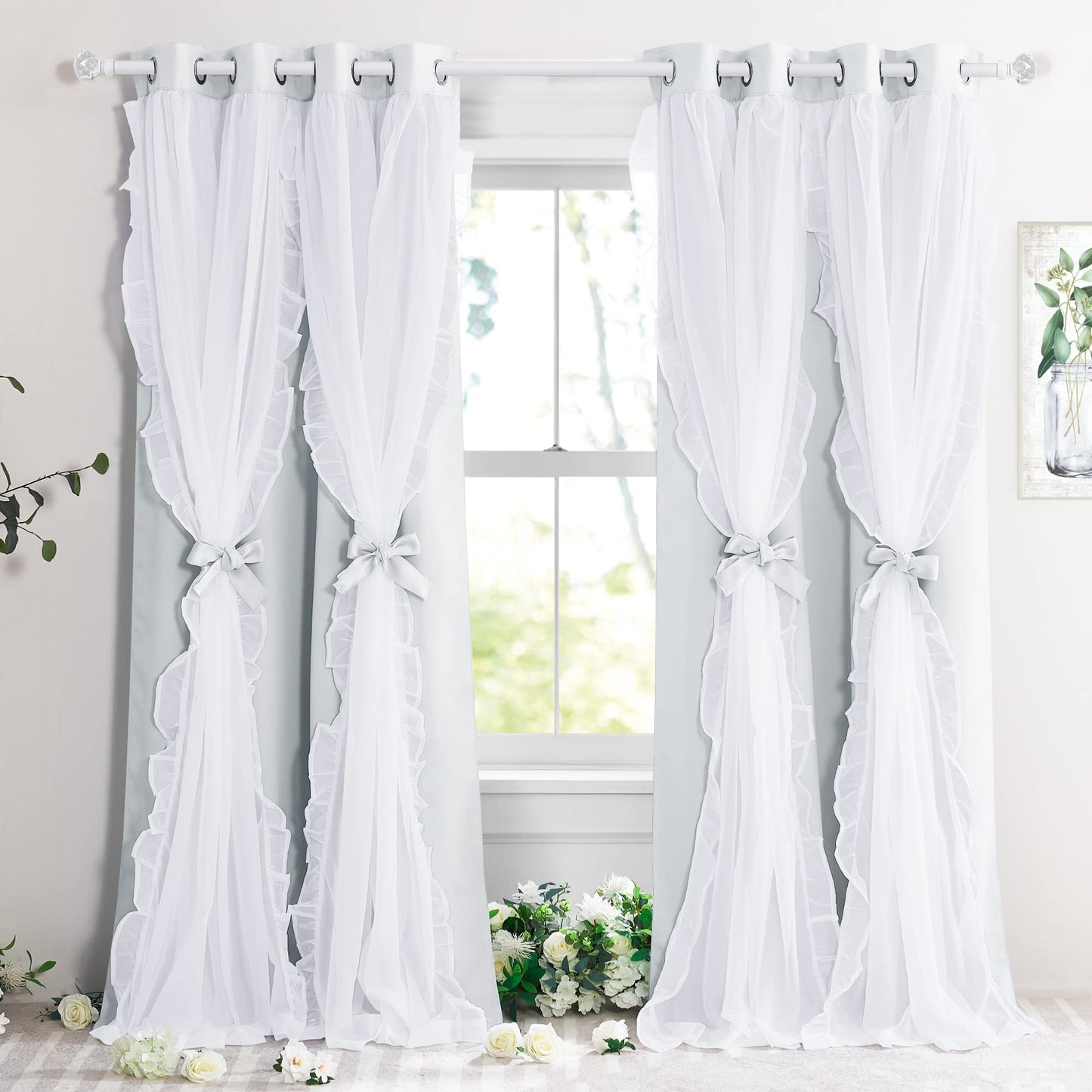 Blackout Window Treatment Double Layer Drapes Ruffle Sheer Overlay 2 Panels