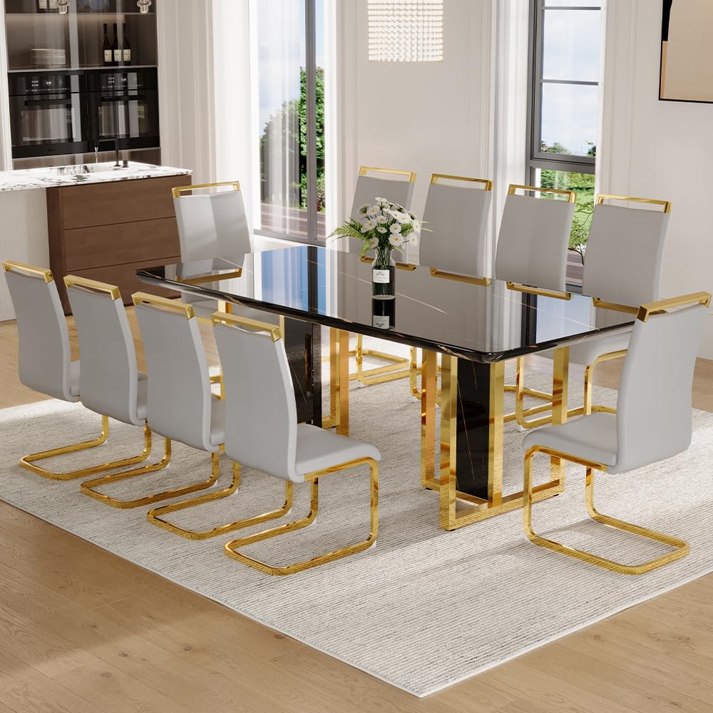 79" Black Modern Dining Table Set for 8,Black Golden Chairs