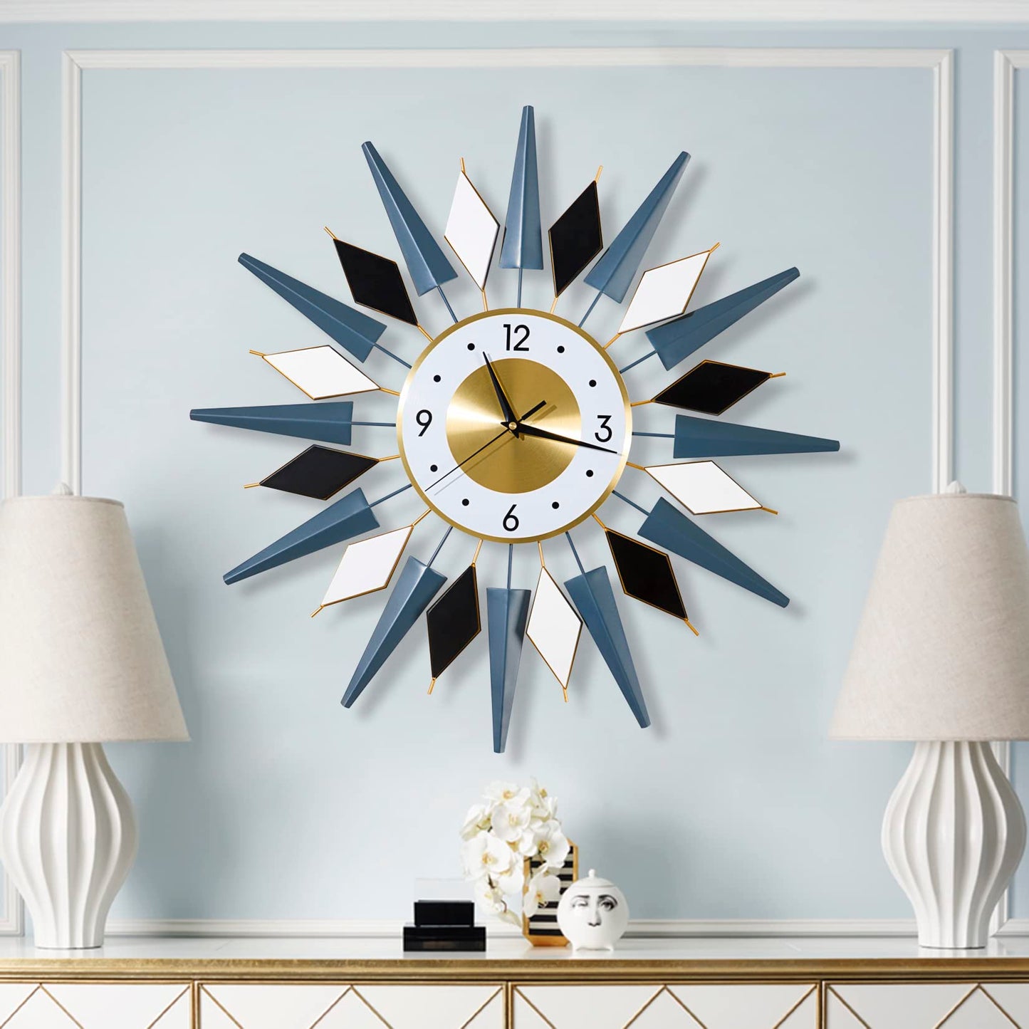 24 Inch Modern Metal Wall Clock Unique Design, Large Silent Battery Operated