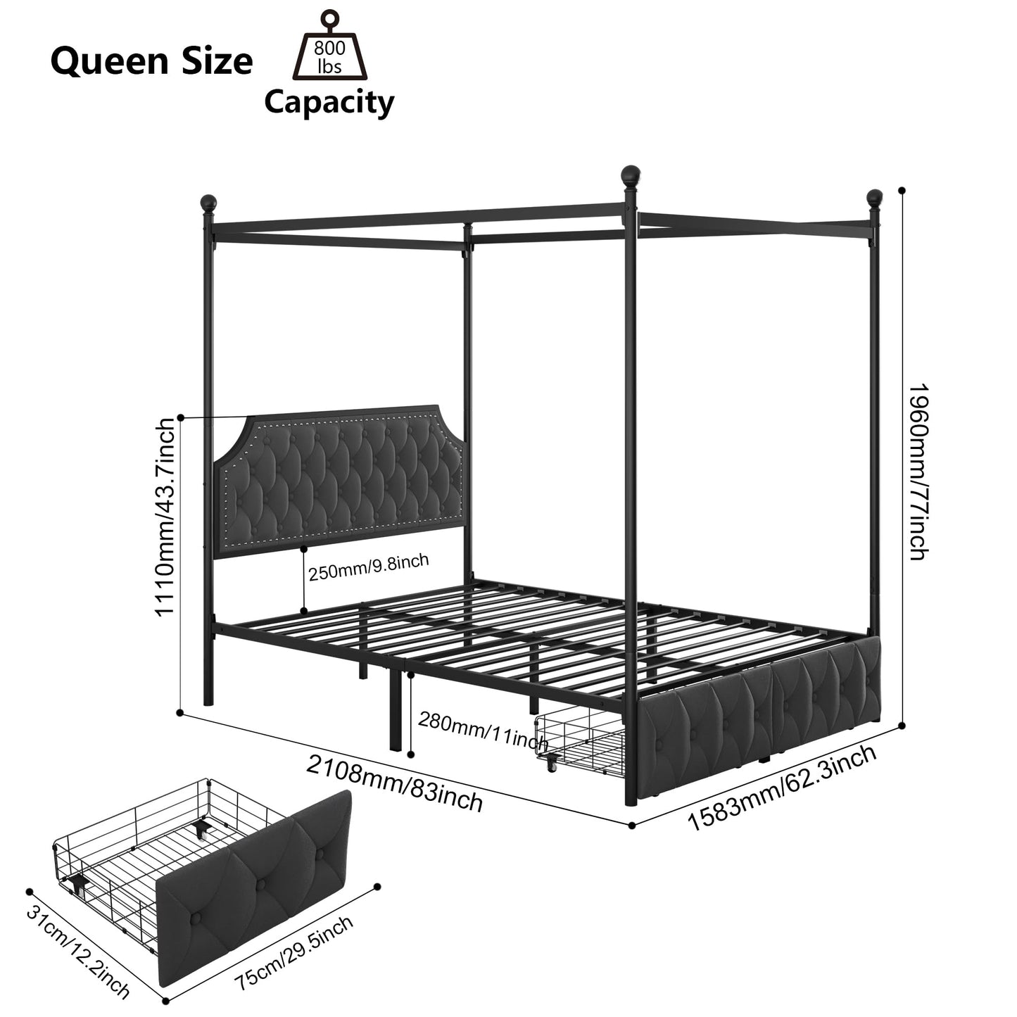 Upholstered Canopy Bed Frame with 2 Drawer and Button Tufted Headboard