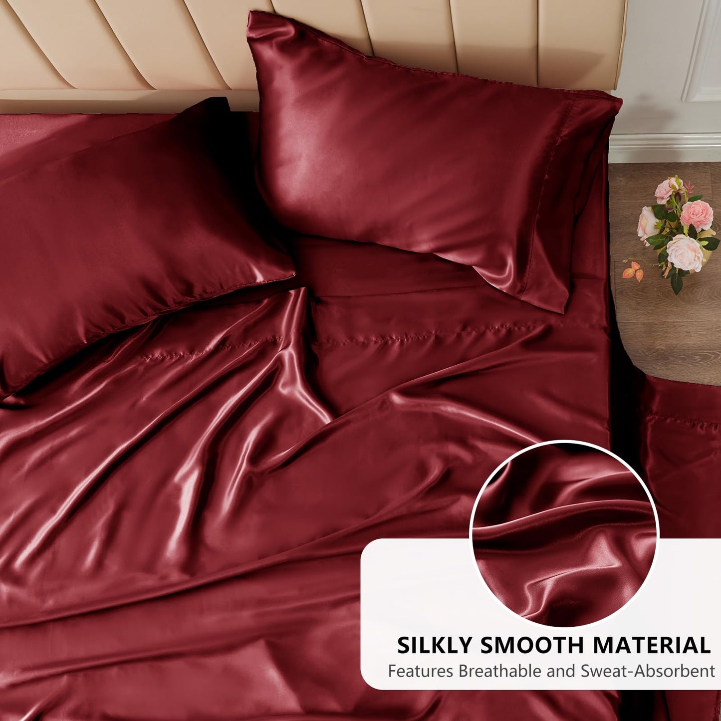 4 Piece Burgundy Bed Sheet Set with Silky Microfiber, 1 Deep Pocket Fitted Sheet