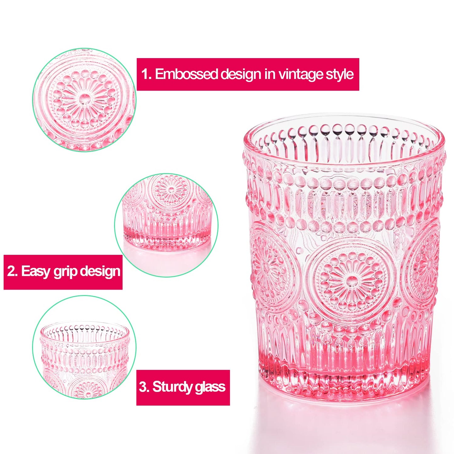 4 Pack Glasses-10.5 OZ Pink Vintage Drinking Glasses Tumblers