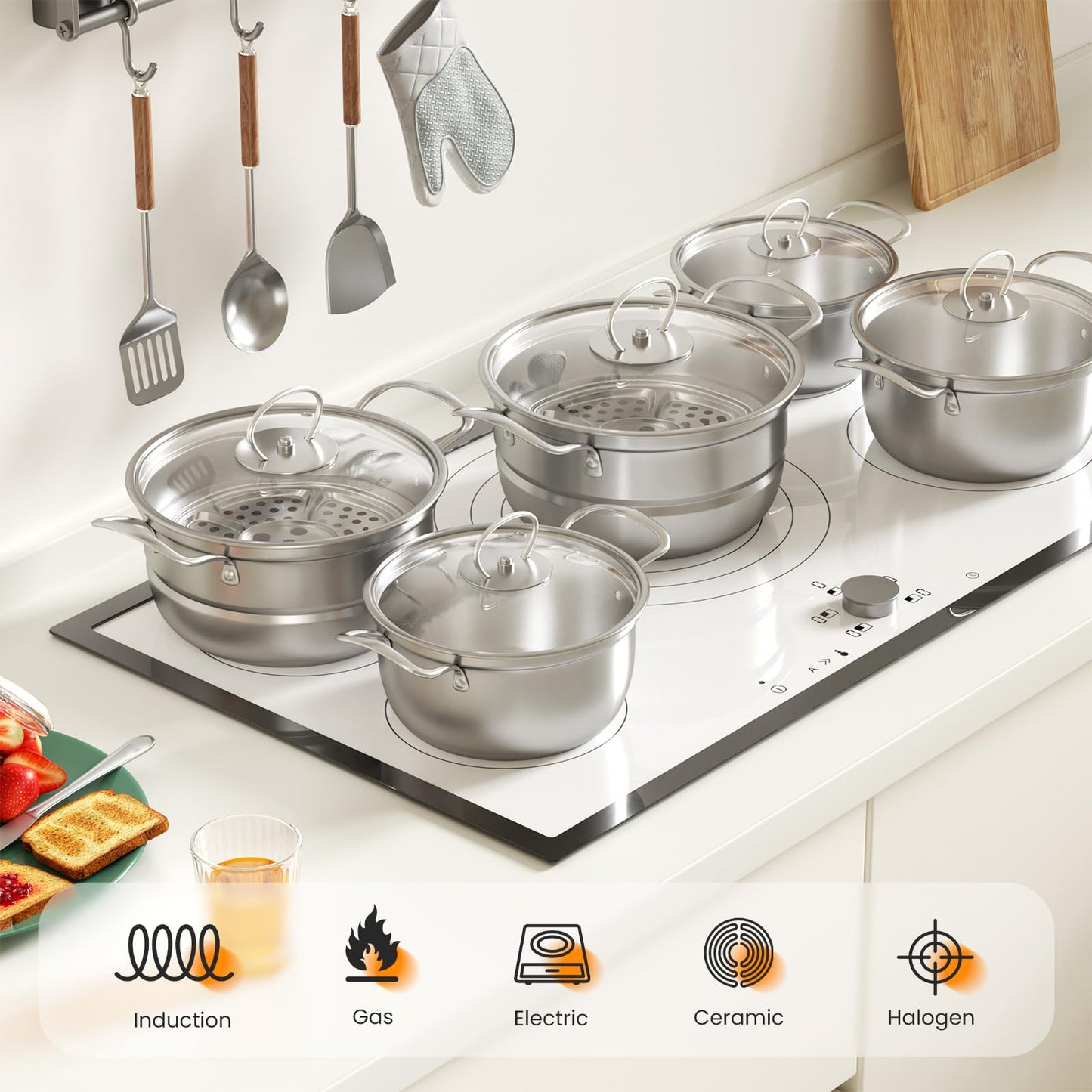 Stainless Steel Cookware Set, 12 Piece Kitchen Induction Cookware Set