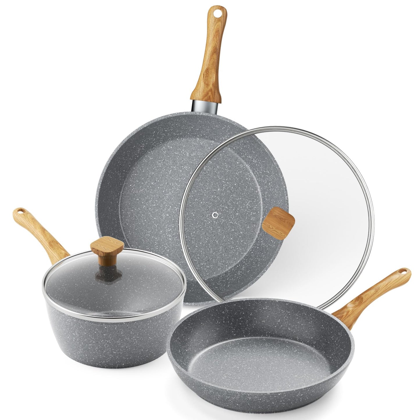 Nonstick Frying Pan Set, Non Stick Sauce Pan Set with Lid Gold Granite Pans