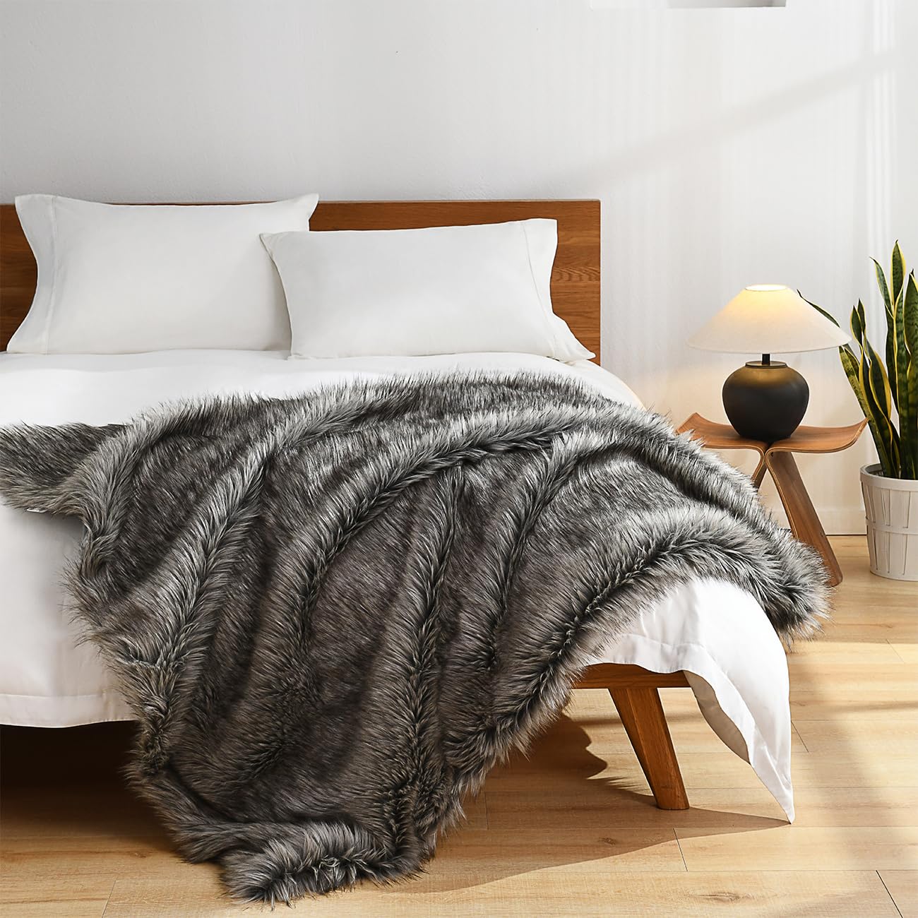 Luxury Plush Faux Fur Blanket King Size, Long Pile Brown with Black