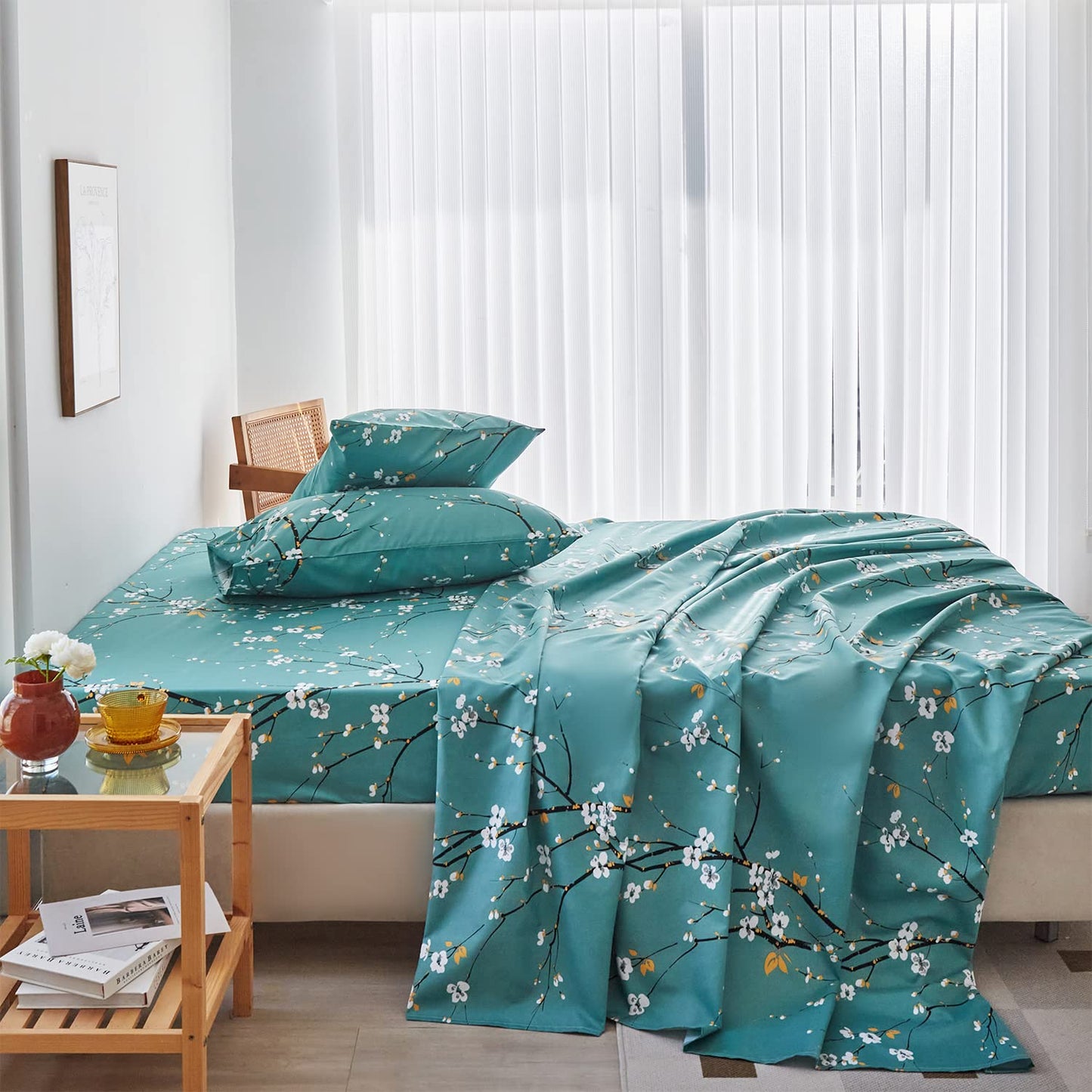 Teal Sheet Set 4 Pcs Queen Sheet Set Floral Print