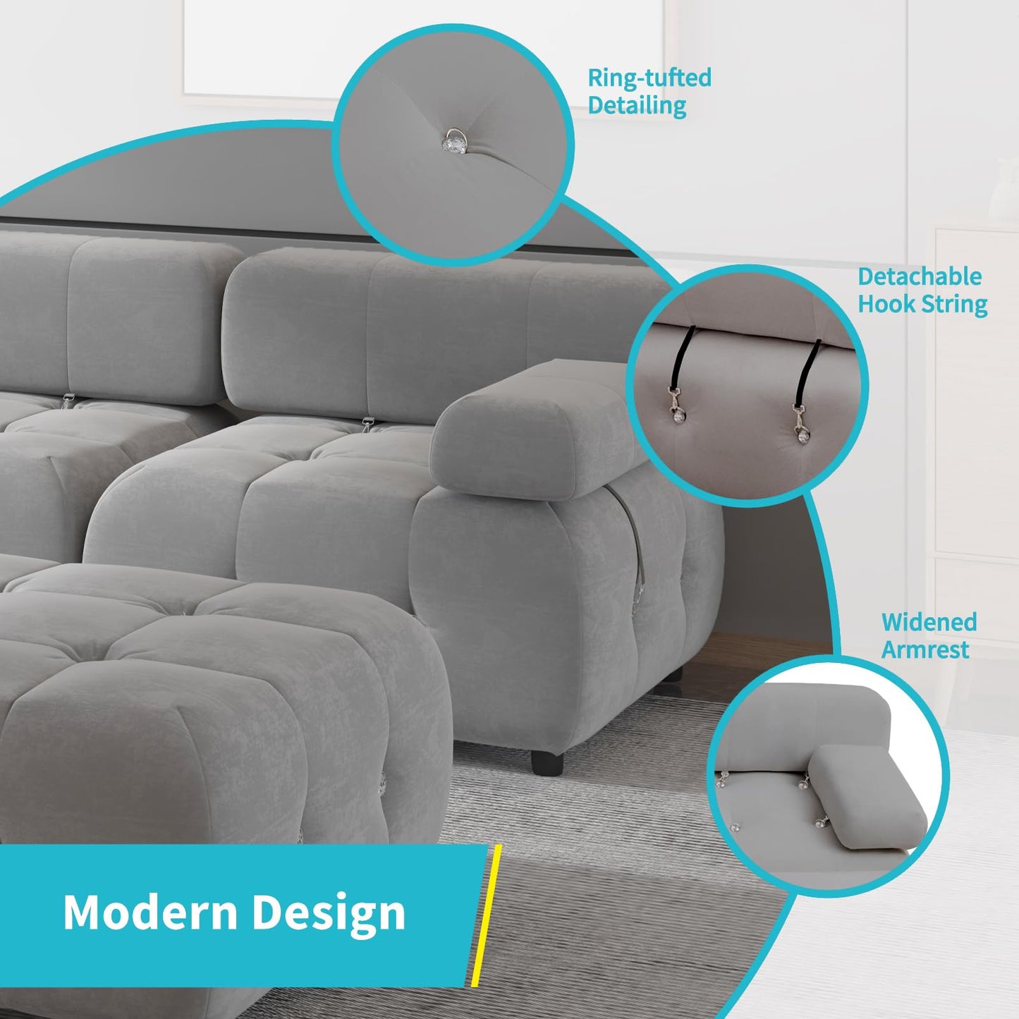 103" W Convertible Modular Sectional Sofa, Luxury Modern 4-Seater Bubble Sofa