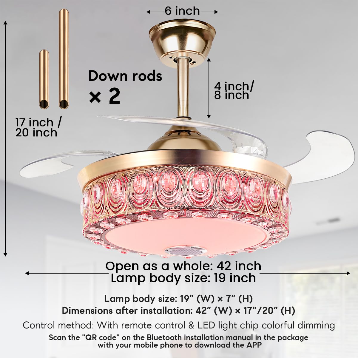 42" Crystal Chandelier Ceiling Fan and Remote, Gold Luxury Fan