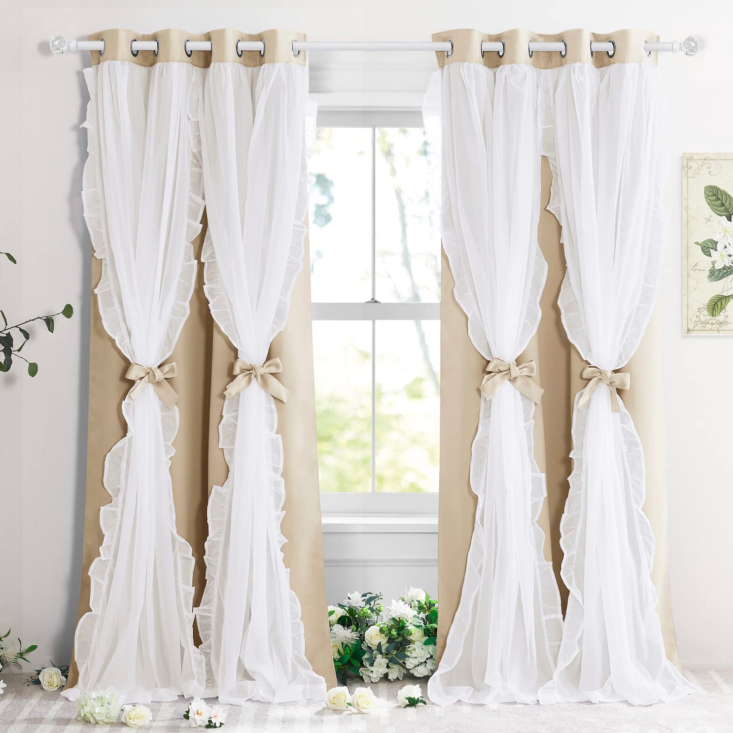 Blackout Window Treatment Double Layer Drapes Ruffle Sheer Overlay 2 Panels