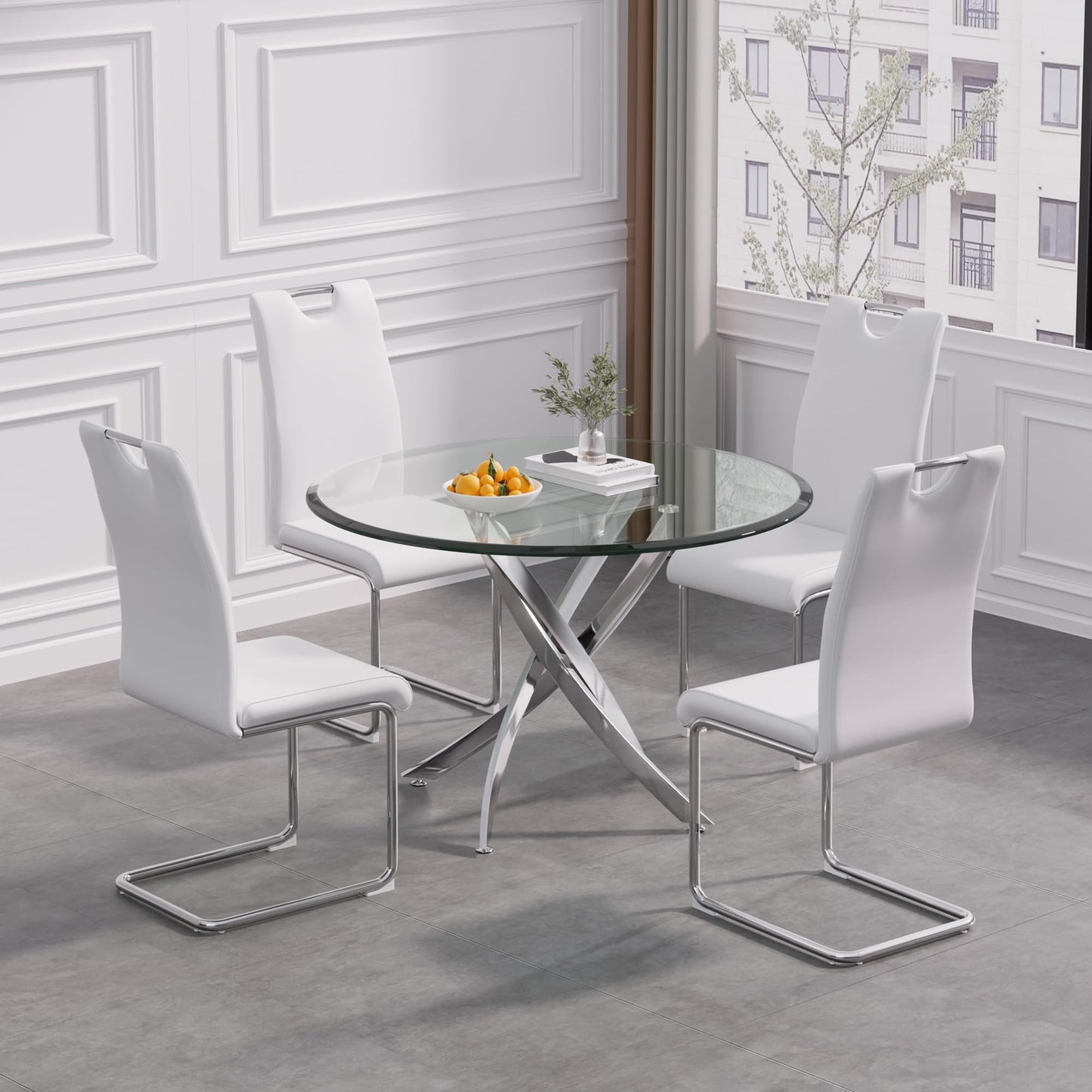 5 Piece Round Glass Dining Table Table Set, Round Glass with 4 PU Dining Chairs