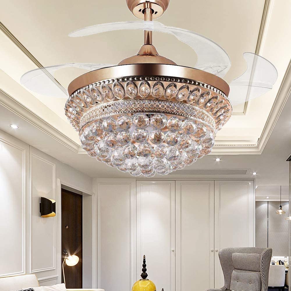 42" Crystal Chandelier Ceiling Fan and Remote, Gold Luxury Fan