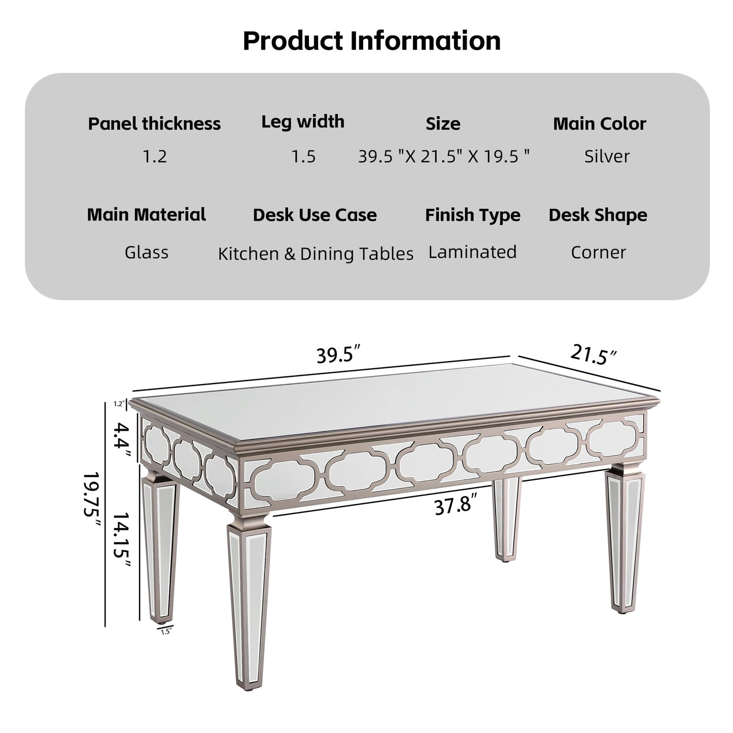 Elegant 2 Tiers of Shiny Silver Mirrored Coffee Table, Crystals Inlay 35 Inches