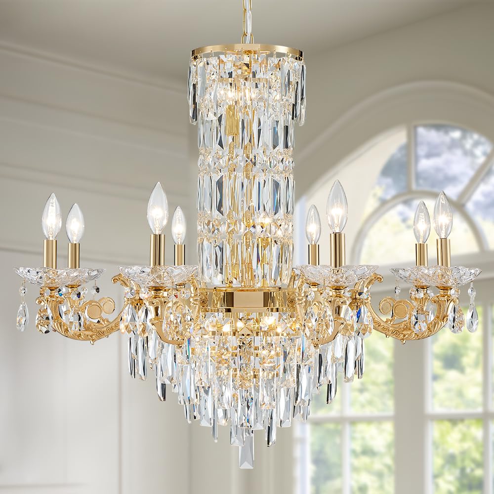 Gold Crystal Contemporary Chandelier, 2-Tier for High Ceiling