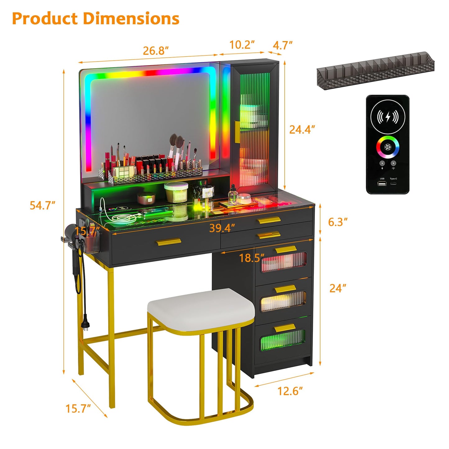 RGB LED Vanity Desk with Mirror and Lights, 39.5" Black Makeup Vanity Table