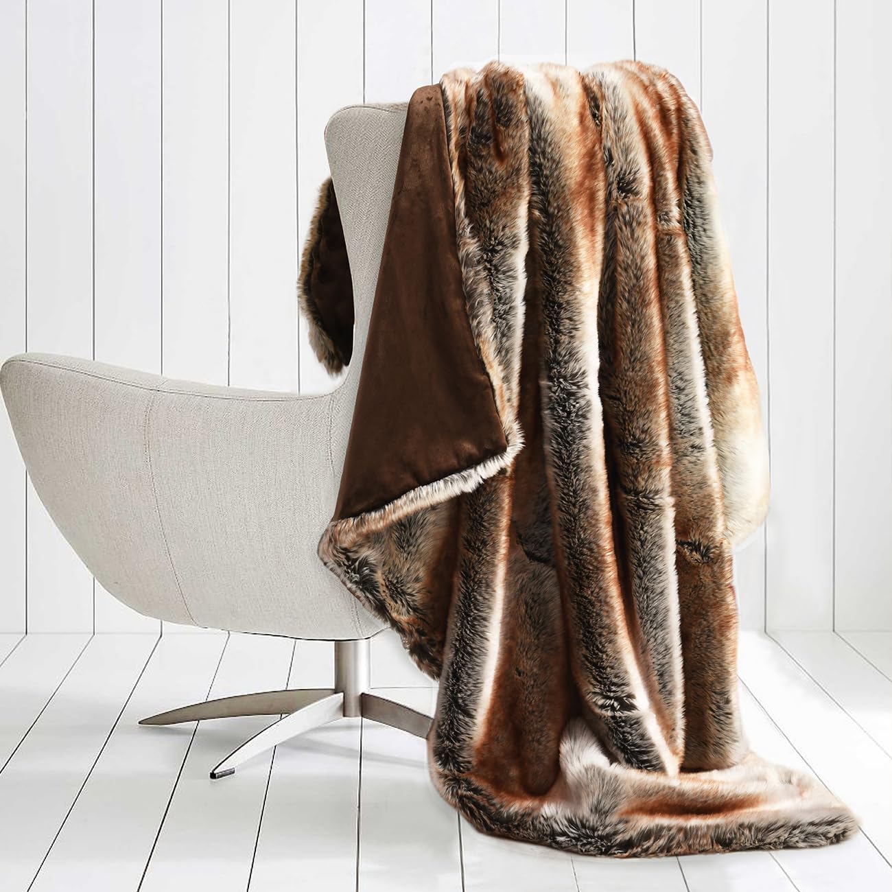 Luxury Plush Faux Fur Blanket King Size, Long Pile Brown with Black