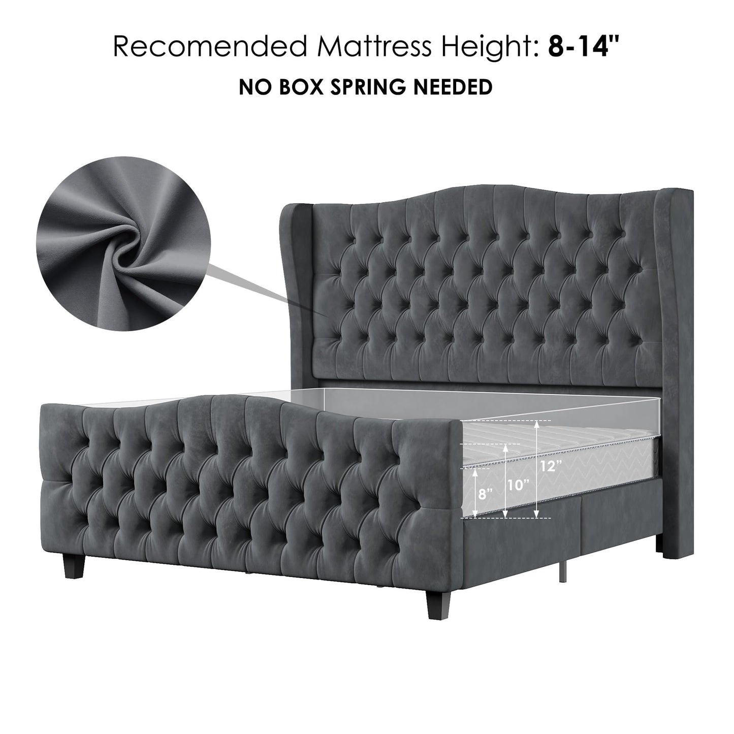 Tall Platform Bed Frame with Deep Button Tufted Wingback Headboard and Footboard