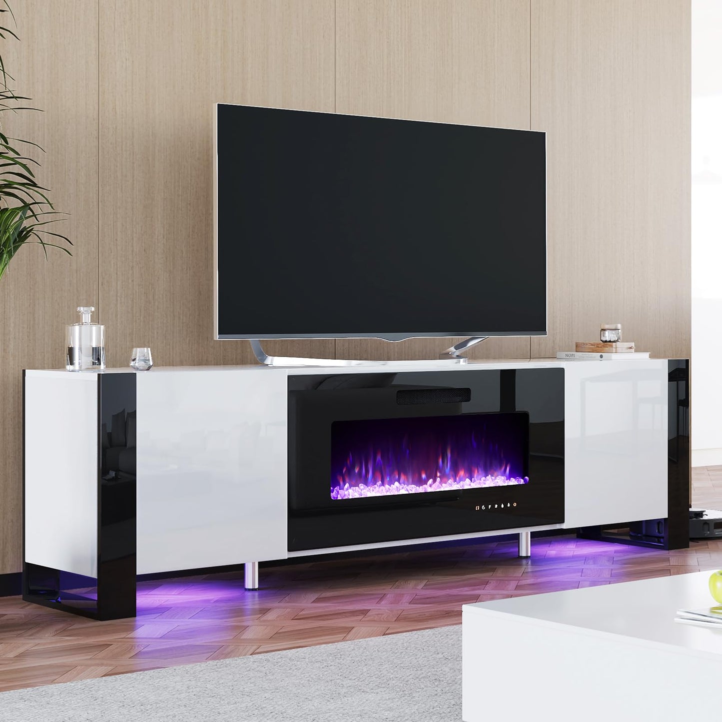 Fireplace TV Stand with 36" Fireplace, 70" Modern High Gloss Entertainment Center