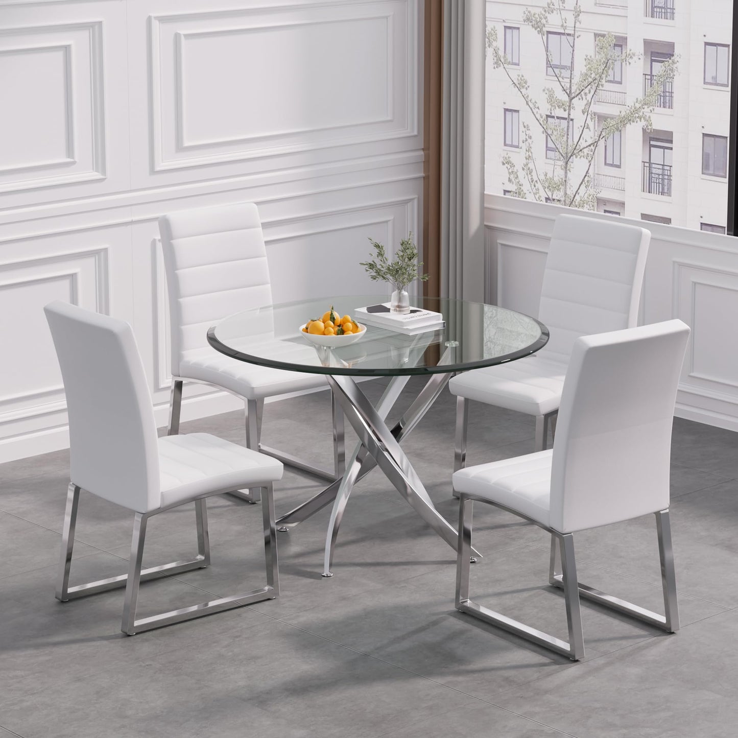 5 Piece Round Glass Dining Table Table Set, Round Glass with 4 PU Dining Chairs