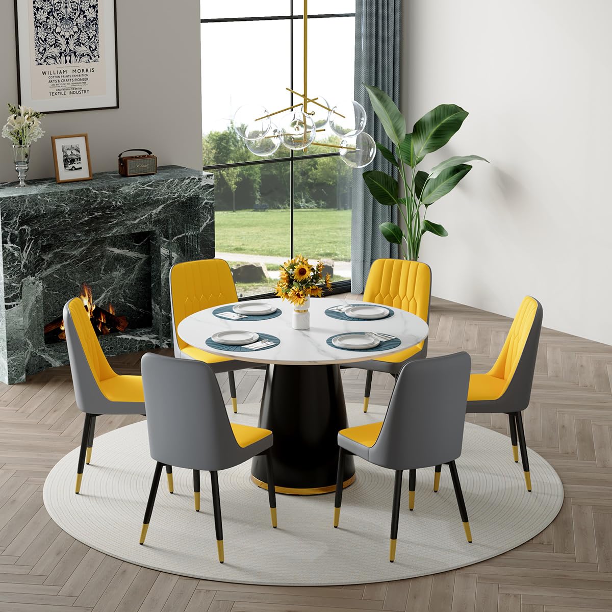 Round Dining Table Set for 6, 45''Round Wooden Dining Set