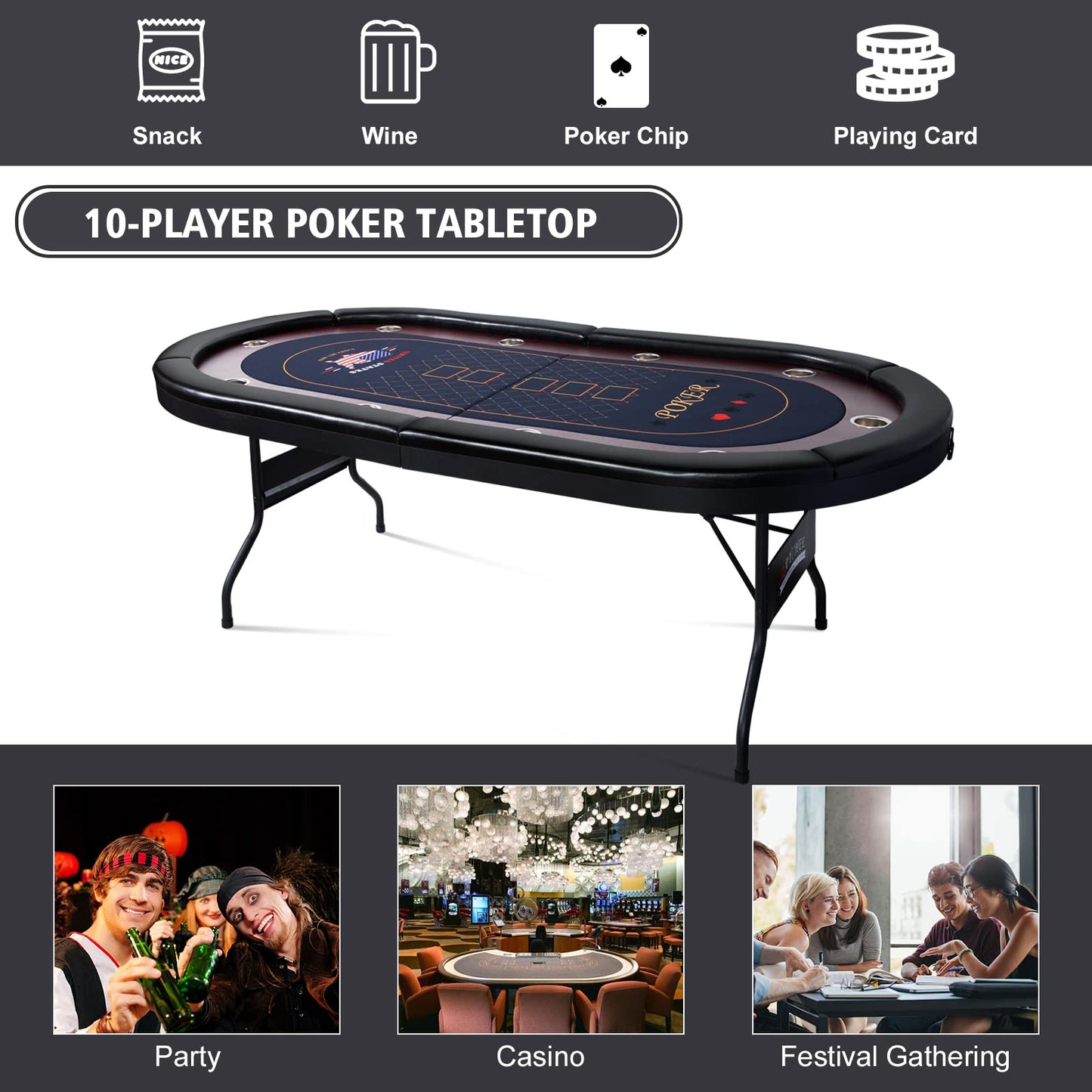 10 Player Poker Table Foldable, 86" Folding Texas Holdem Poker Table