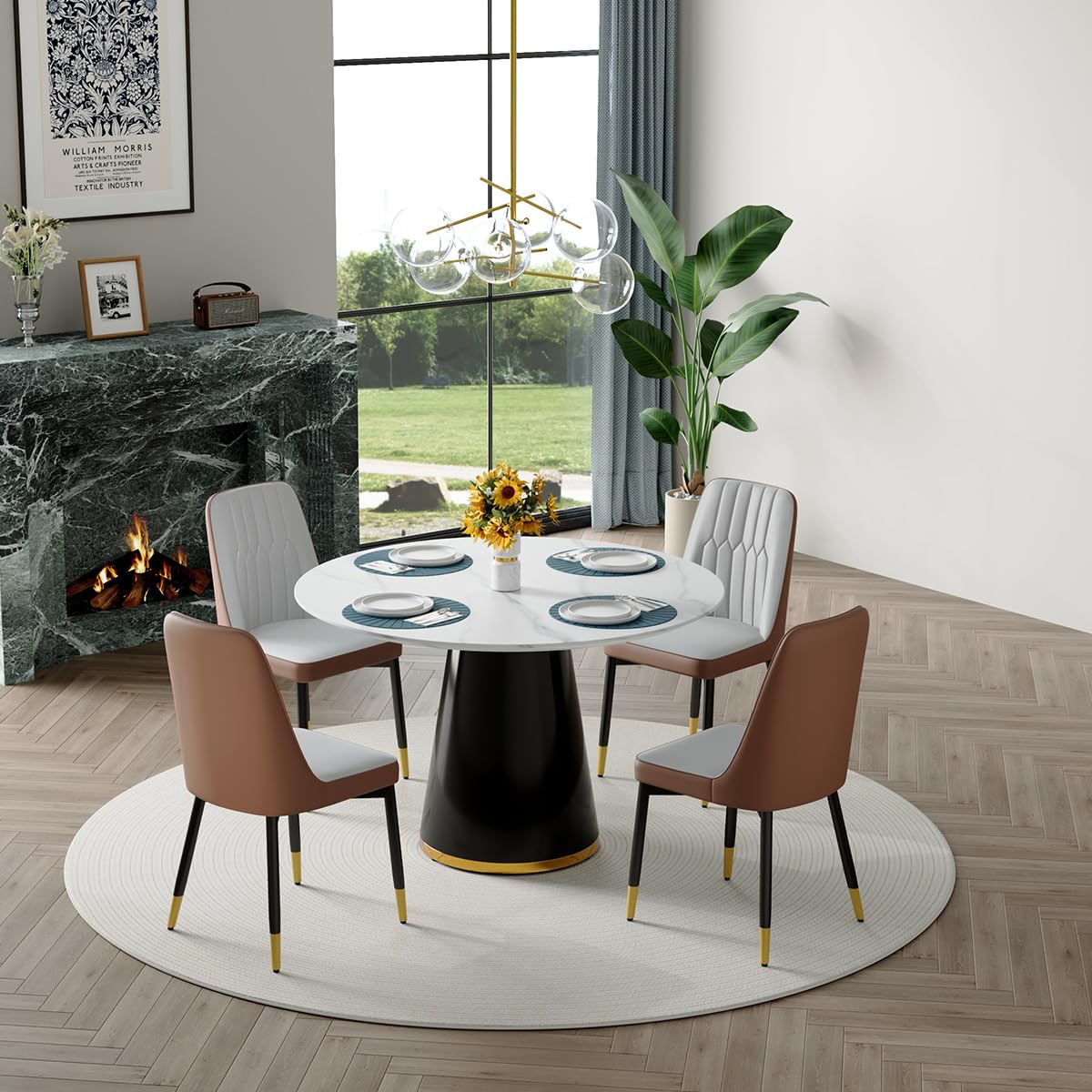 Round Dining Table Set for 6, 45''Round Wooden Dining Set